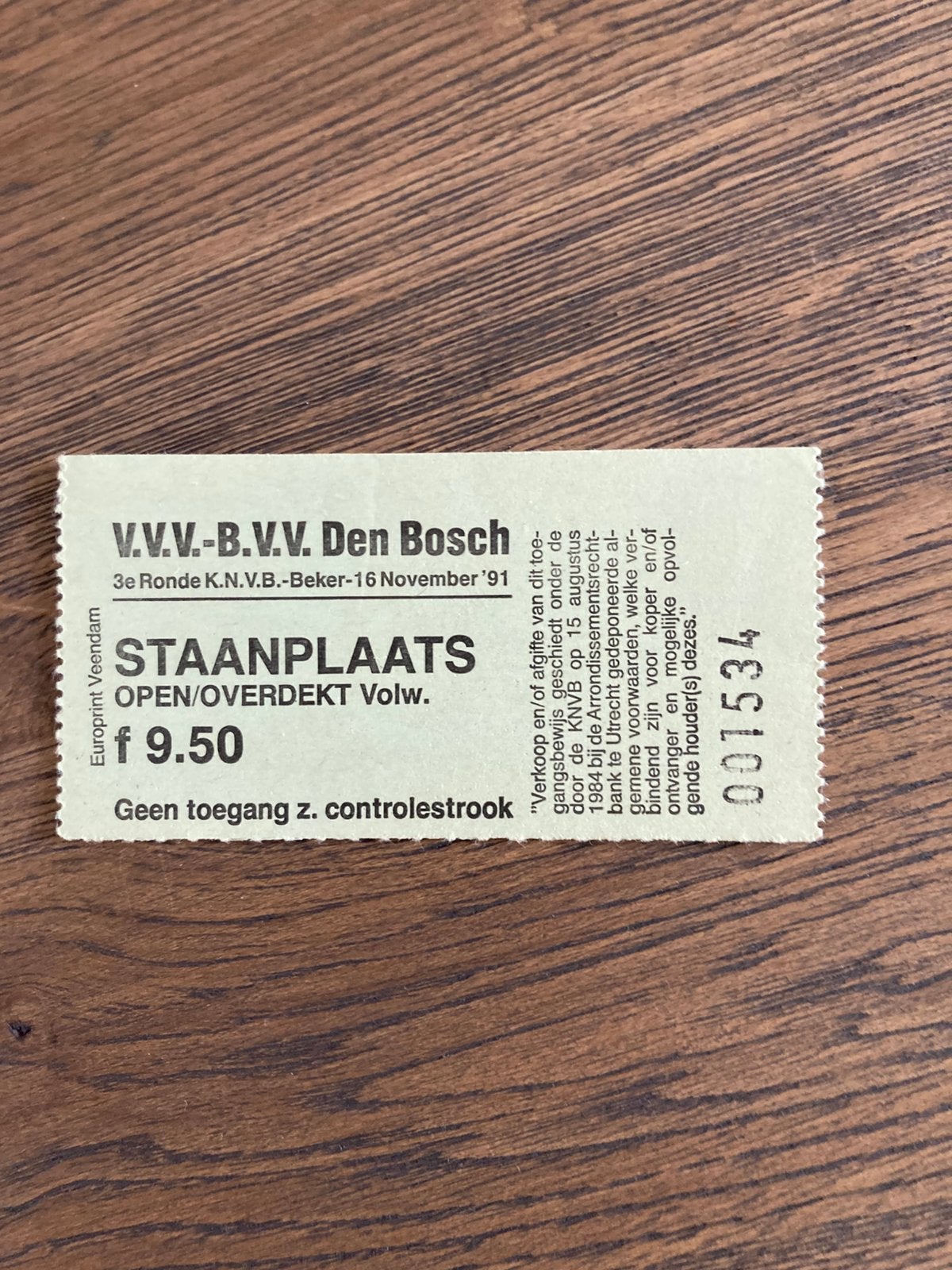 TICKET VVV-DEN BOSCH 91-92 3e RONDE KNVB BEKER, Ophalen of Verzenden, Zo goed als nieuw, Overige binnenlandse clubs, Overige typen