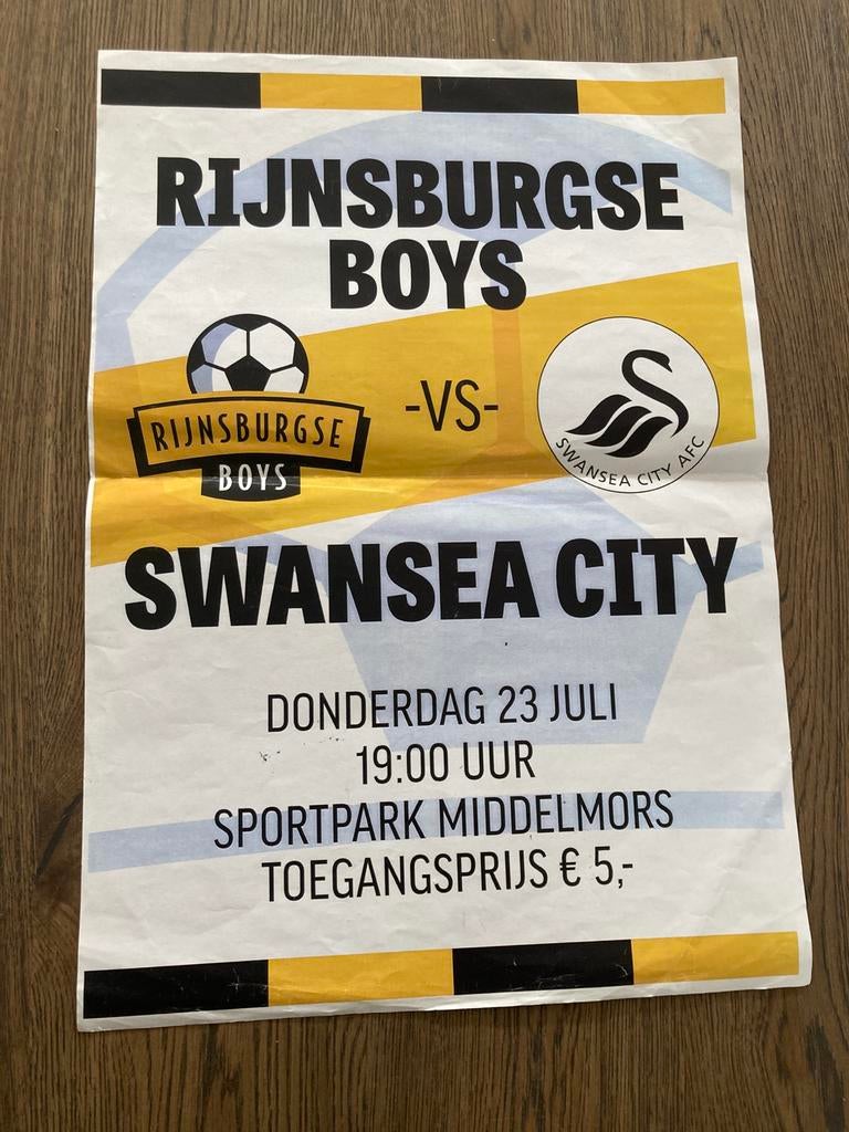 WEDSTRIJDPOSTER RIJNSBURGSE BOYS-SWANSEA COTY, Ophalen of Verzenden, Zo goed als nieuw, Buitenlandse clubs, Overige typen