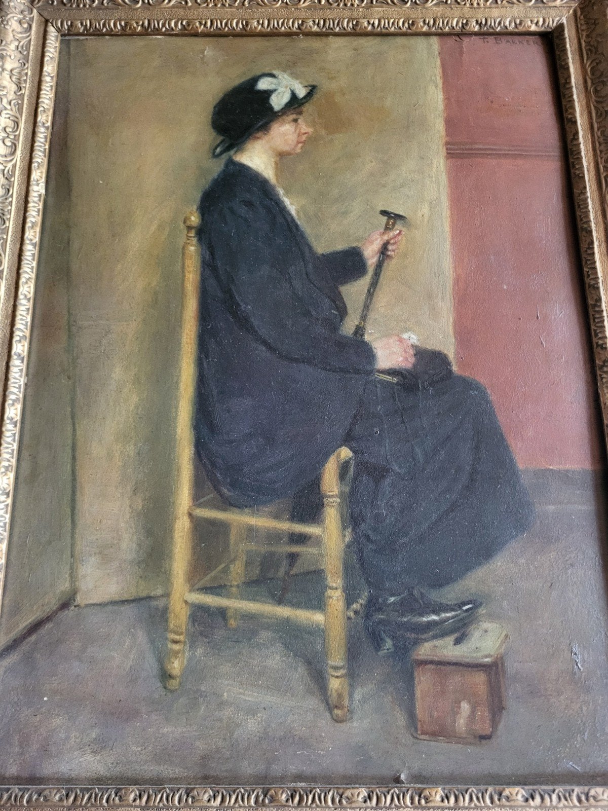 Olieverfschilderij Dame met wandelstok, gesigneerd T. Bakker, Antiek en Kunst, Kunst | Schilderijen | Klassiek, Ophalen, Doek