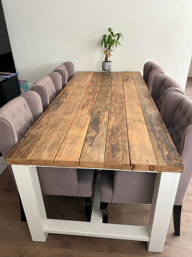 Robuuste houten eettafel met 6 stoelen, Huis en Inrichting, Ophalen, Gebruikt, 200 cm of meer, 50 tot 100 cm