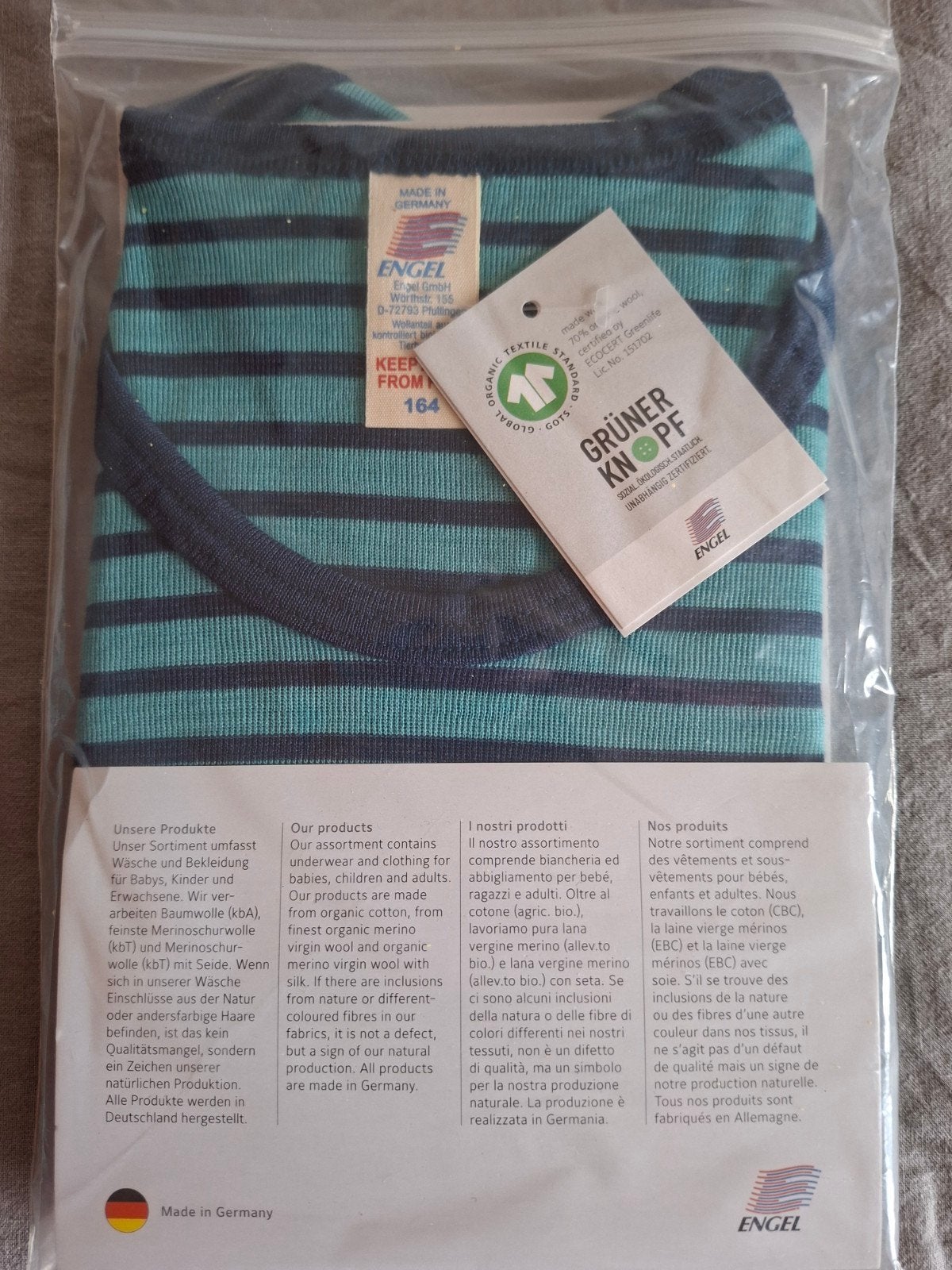 2 x Engel Kinder Hemd Wol Zijde Gestreept, maat 164, Nacht- of Onderkleding, Jongen of Meisje, Engel, Nieuw