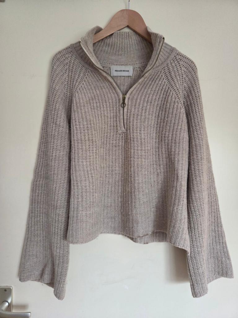 Beige trui met rits van Femmes du Sud, 100% Merino Wol, Beige, Ophalen of Verzenden, Zo goed als nieuw, Femmes du Sud