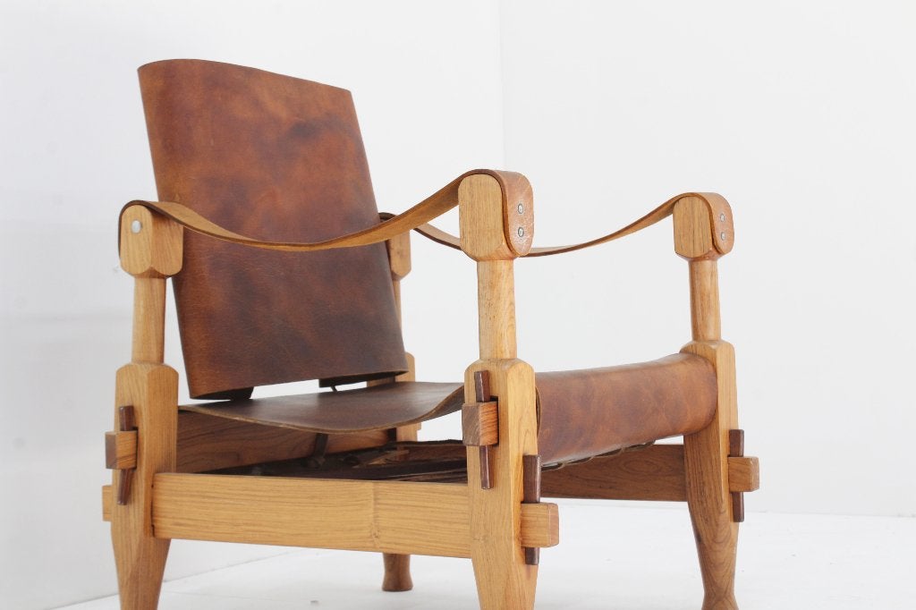 Vintage brutalist leren safari fauteuil 1960s, Ophalen, Gebruikt, Vintage, 50 tot 75 cm