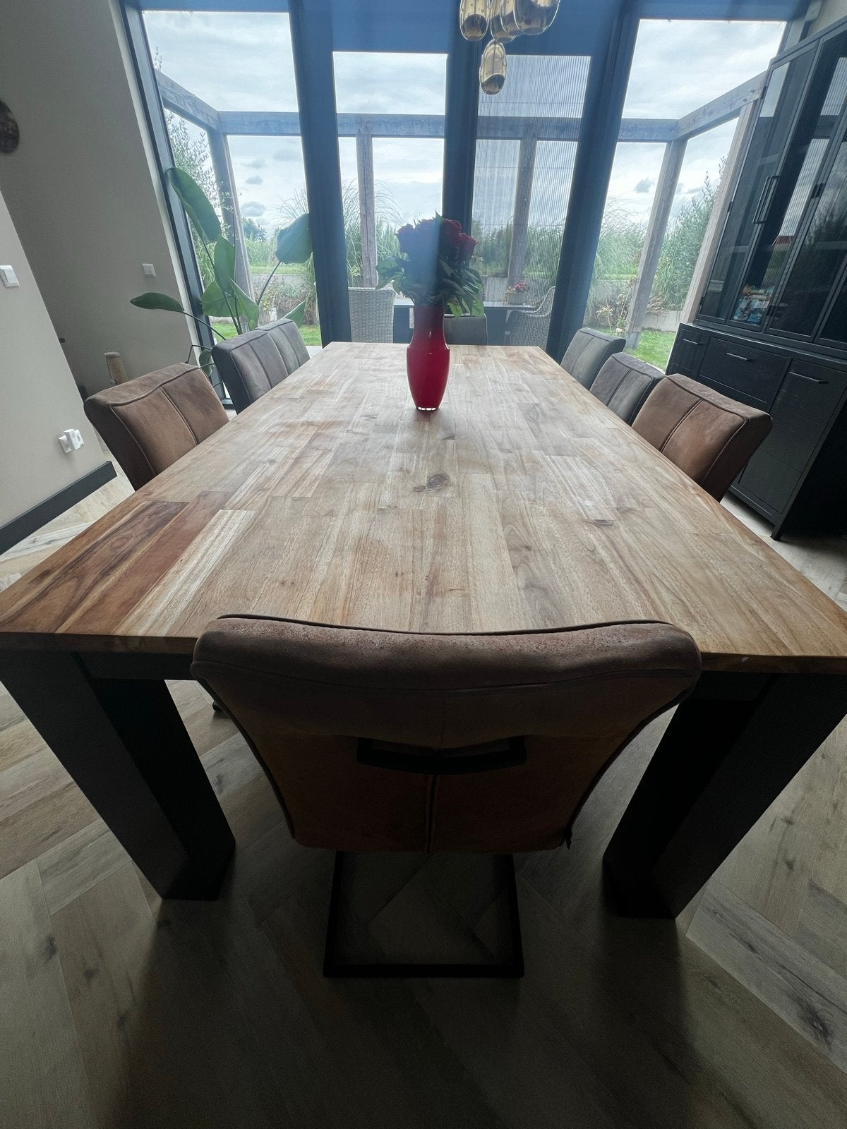 Grote houten eettafel met 8 stoelen van Bommel Meubel, Ophalen, Gebruikt, 100 tot 150 cm, 200 cm of meer