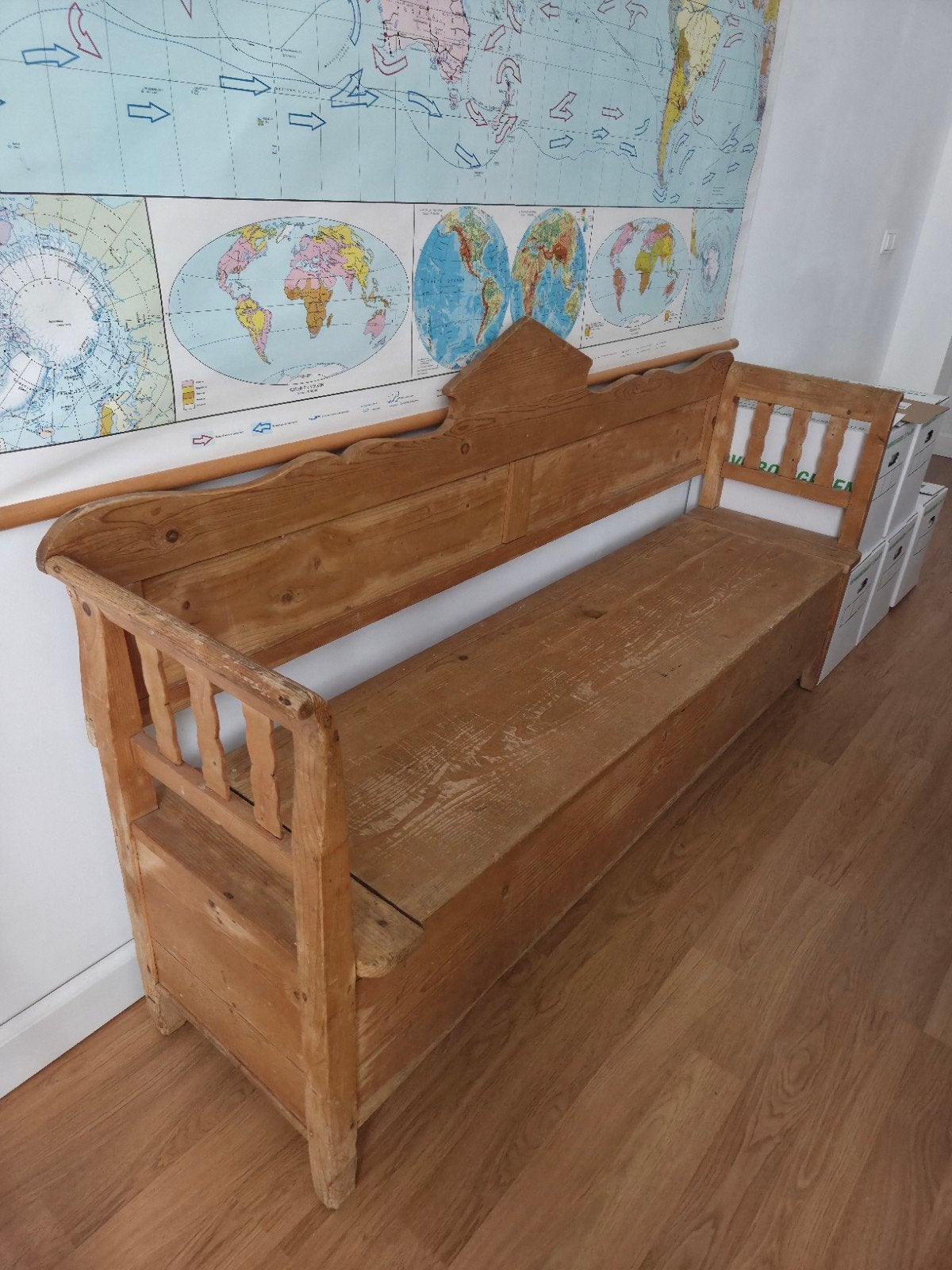 Oude authentieke grenen klepbank met opbergruimte – 193 cm, Ophalen of Verzenden