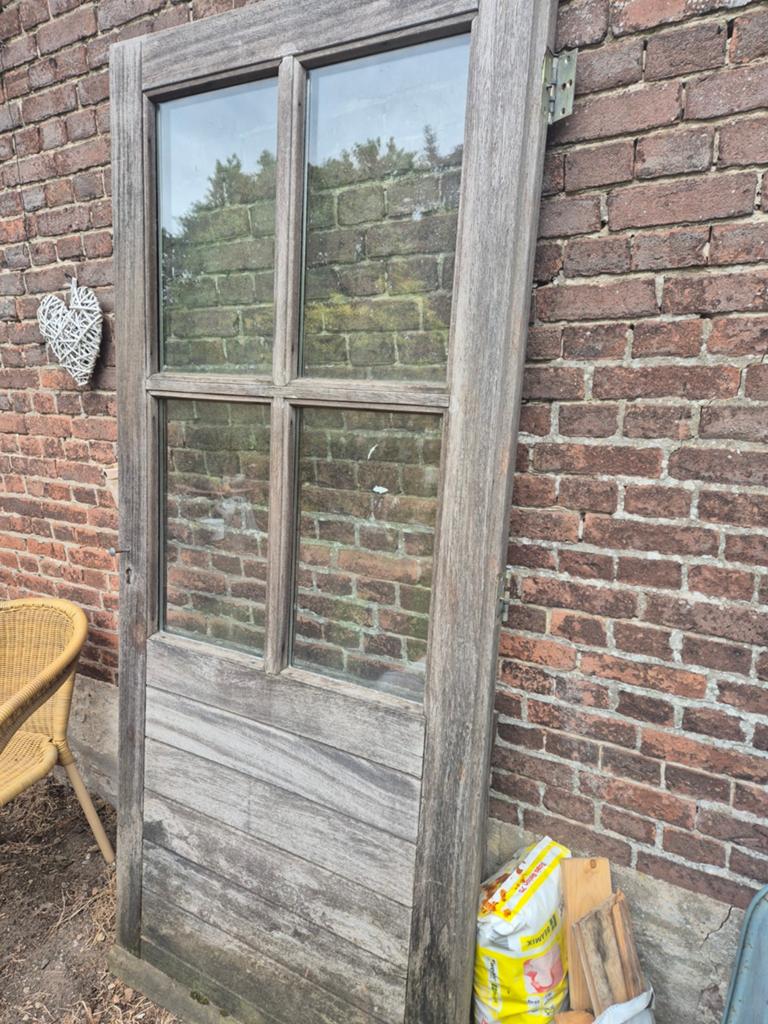 Hardhouten buitendeur met slot, Doe-het-zelf en Verbouw, Deuren en Horren, Ophalen, Gebruikt, 200 tot 215 cm, Glas