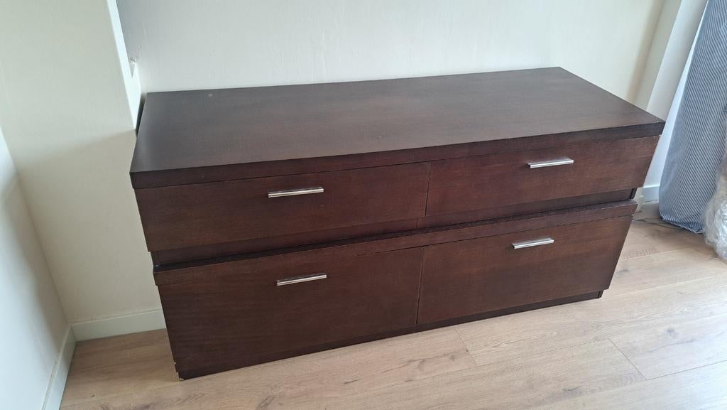 Donkerbruine ladekast/dressoir, 2 delen, 160x60x76cm, Ophalen, Gebruikt, 150 tot 200 cm, Robuust, modern