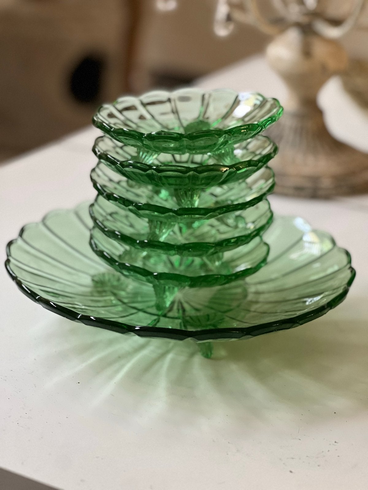 Vintage Groene Glazen Schotels bruids servies nostalgisch, Antiek en Kunst, Ophalen of Verzenden