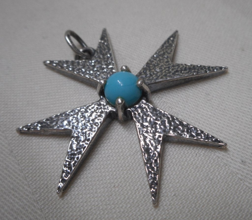 Zilveren vintage Maltezer kruis hanger met turquoise nr.918, Verzenden, Zo goed als nieuw, Kruis of Symbool, Zilver