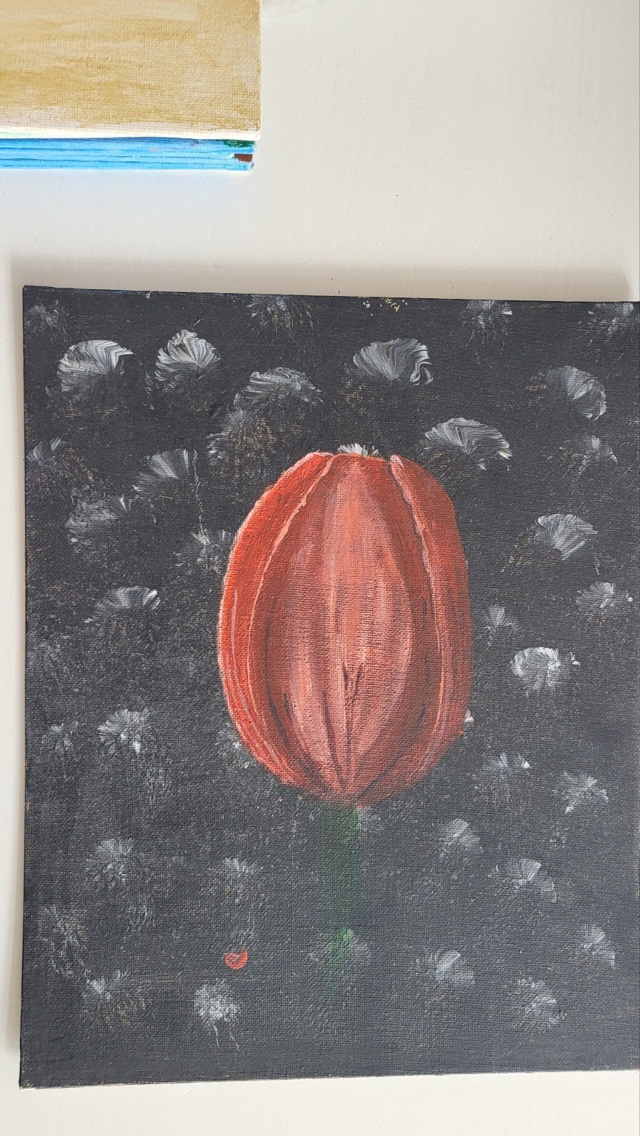 Levendig rood bloem op donkere achtergrond, Antiek en Kunst, Kunst | Schilderijen | Klassiek, Ophalen of Verzenden