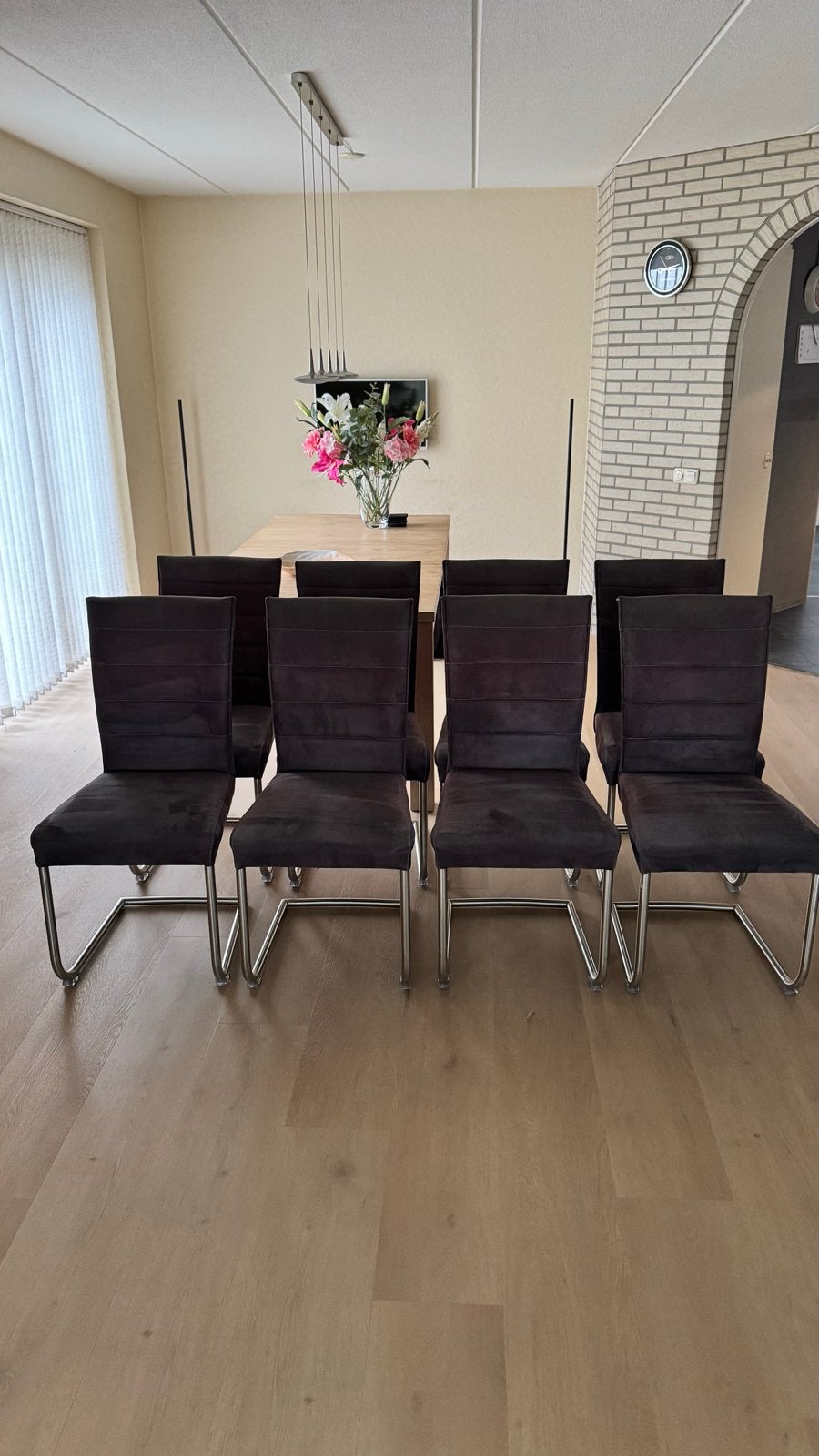 8 antracietgrijze eetkamerstoelen met metalen frame, Huis en Inrichting, Ophalen, Gebruikt, Zwart, Vijf, Zes of meer stoelen