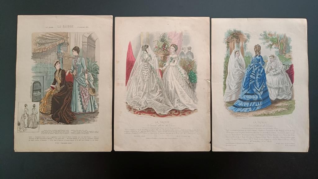 Drie oude La Saison modeprenten., Antiek en Kunst, Ophalen of Verzenden