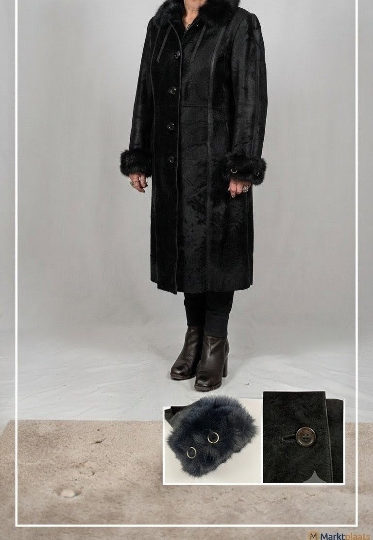 Vintage Zwarte Lammy/Shearling Mantel, Kleding | Dames, Ophalen of Verzenden, Zo goed als nieuw, Maat 42/44 (L), Zwart