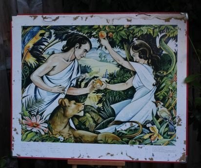 Vintage Prent Adam en Eva - Bijbelse voorstelling, Ophalen of Verzenden, Gebruikt, Overige typen, Christendom | Katholiek