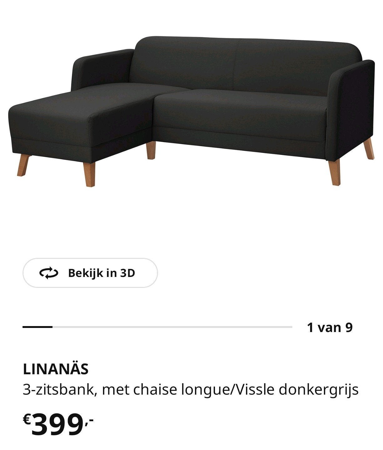 Donkergrijze Ikea LINANÄS hoekbank, Ophalen, 150 tot 200 cm, Hoekbank, Driepersoons