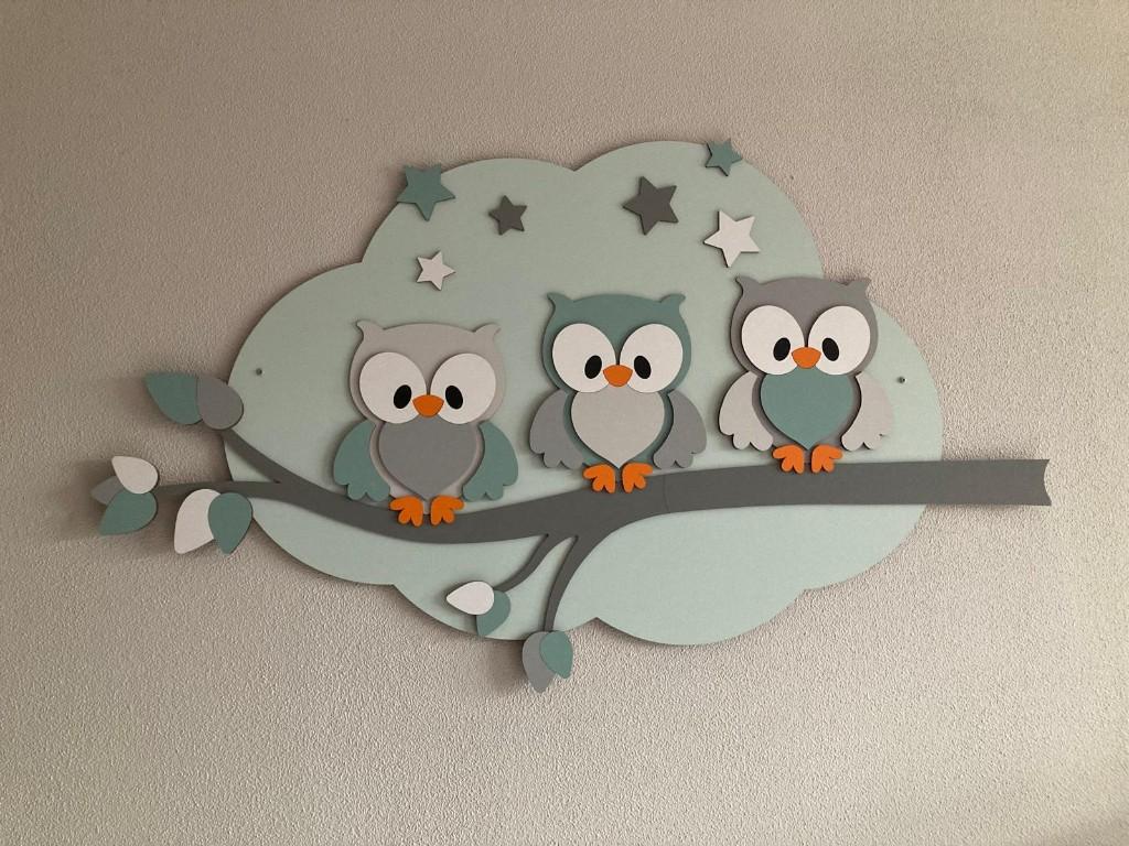 Houten muurdecoratie uiltjes op tak – baby/kinderkamer, Ophalen of Verzenden, Gebruikt, Wanddecoratie
