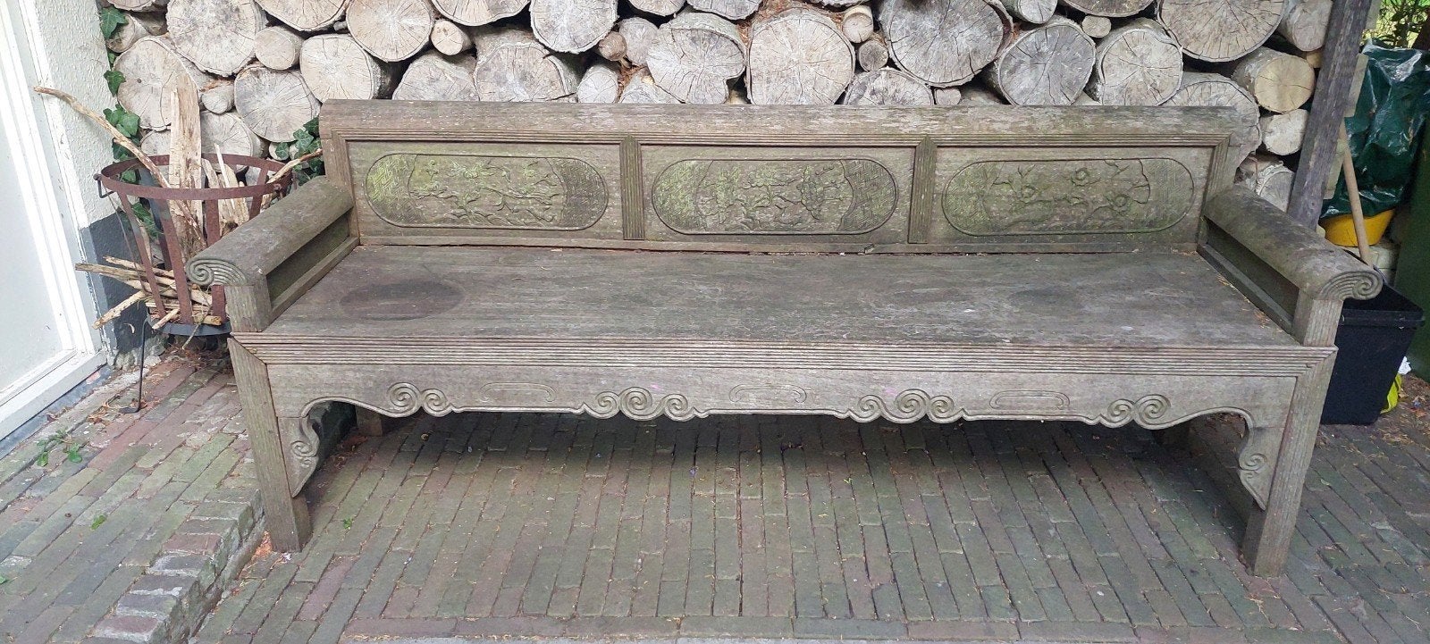 Vietnamese hardhouten bank met houtsnijwerk, Ophalen, Gebruikt, Hout