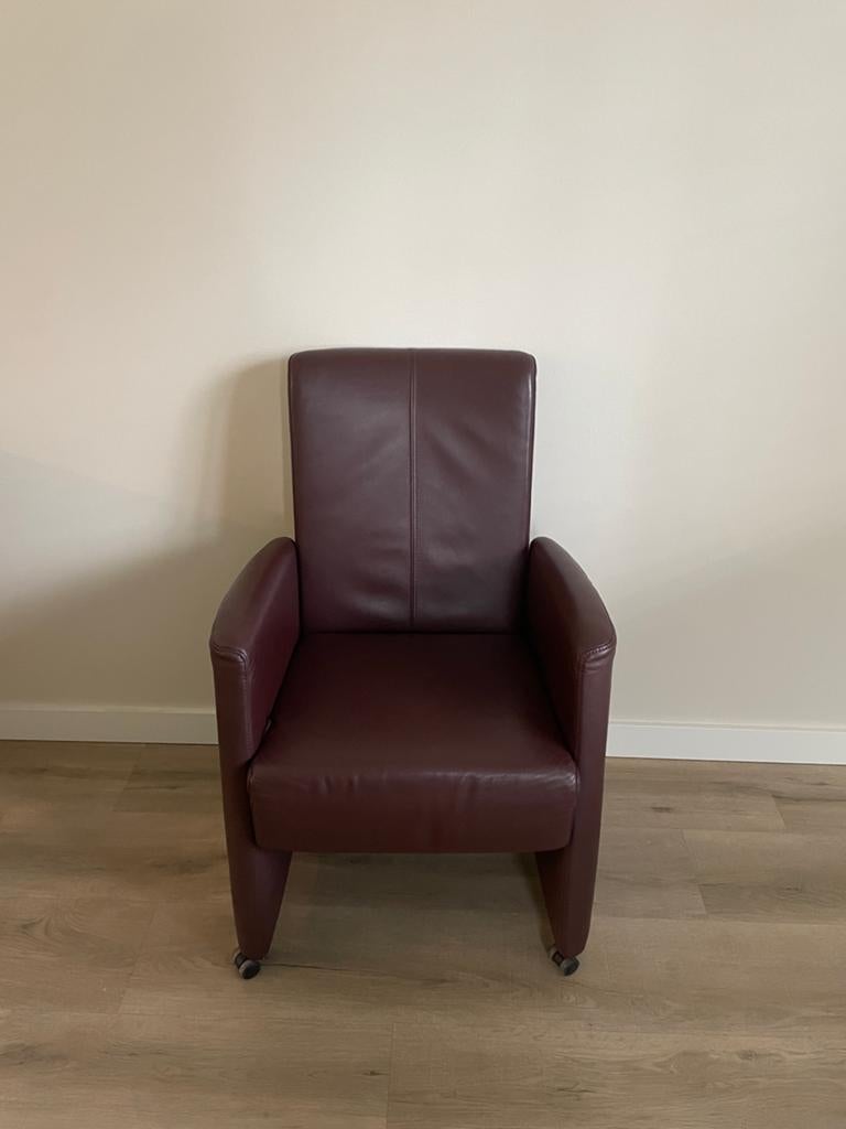 6 Leren eetkamerstoelen met wieltjes, Ophalen, Gebruikt, Bruin, Leer