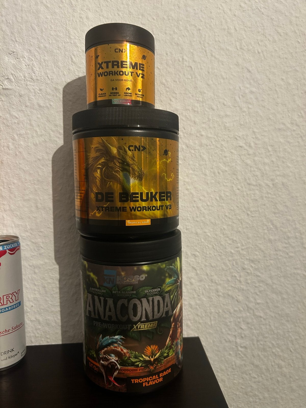 3 lege pre-workout potten: Joël Beukers & Kosso - Decoratie, Verzamelen, Ophalen of Verzenden, Gebruikt