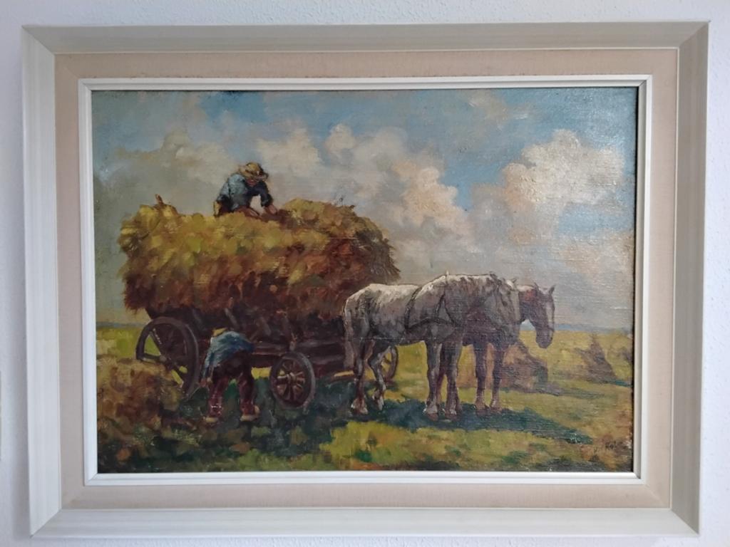 Olieverf Schilderij: Hooiwagen met Paarden en Mensen, Verzenden