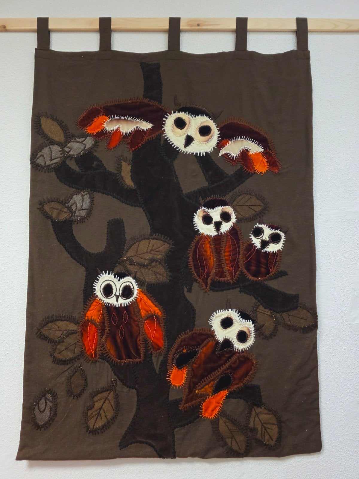 Vintage wandkleed wanddecoratie uilen bruin oranje jaren 70, ., Vintage, Ophalen of Verzenden, Zo goed als nieuw