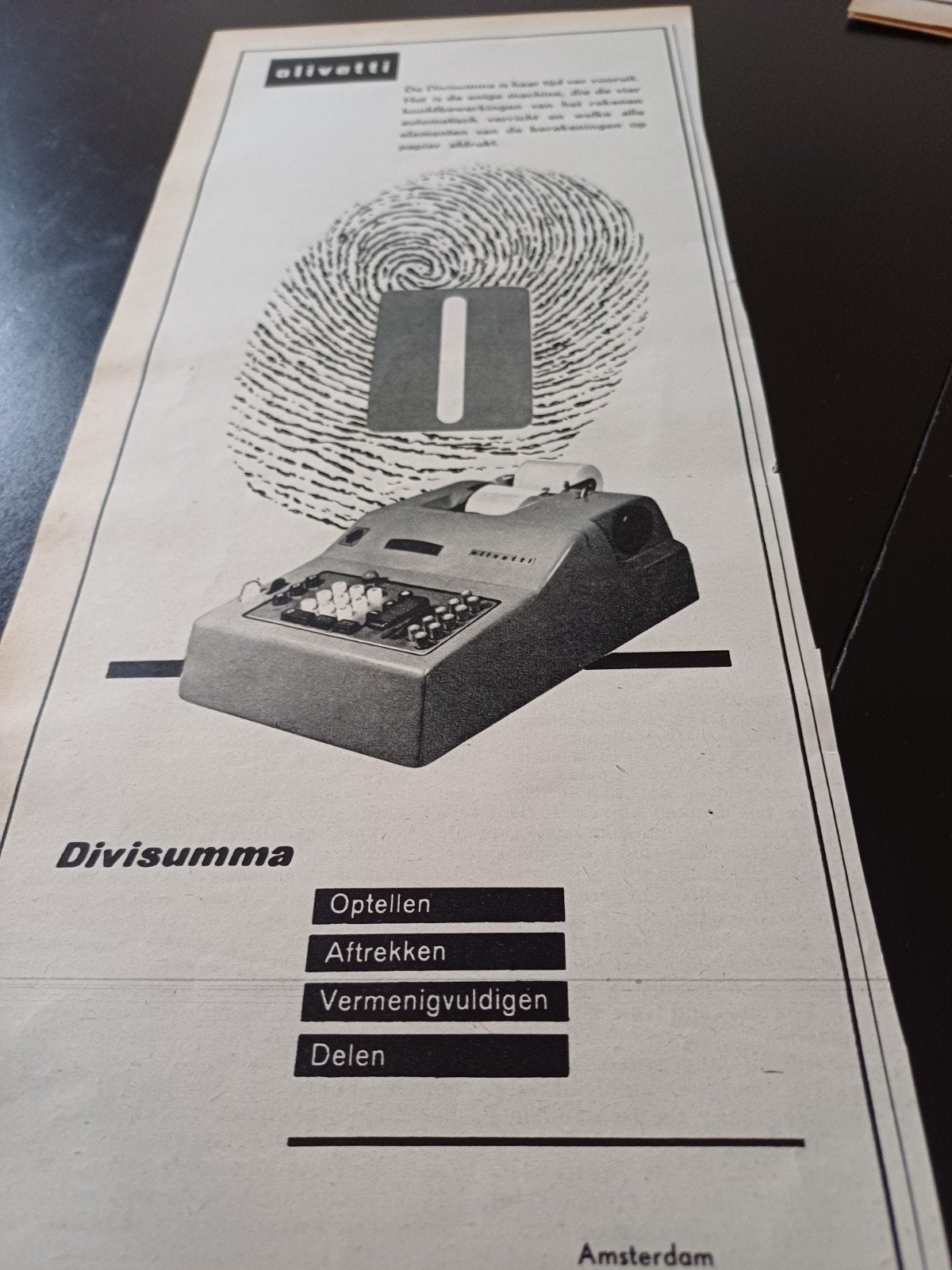 advertentie van Olivetti Divisumma rekenmachine 1954, Ophalen of Verzenden, Gebruikt, Overige typen