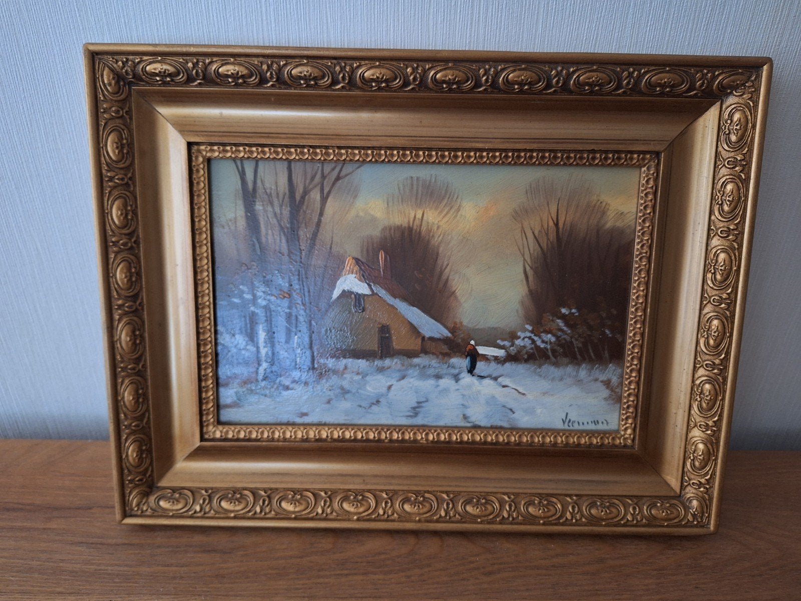 Schilderij Winterlandschap met huisje en figuur, Ophalen