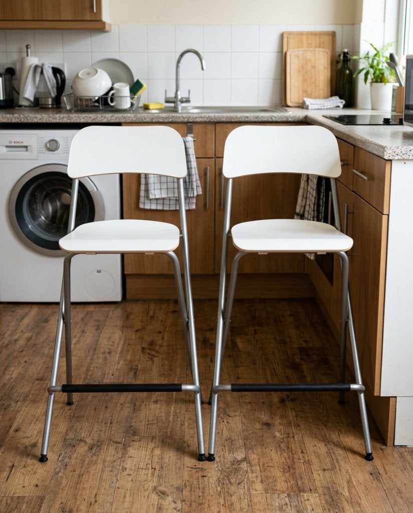 2x IKEA FRANKLIN barkrukken inklapbaar, wit, als nieuw, Huis en Inrichting, Barkrukken, Ophalen, 60 tot 90 cm, Met voetsteun, Zo goed als nieuw