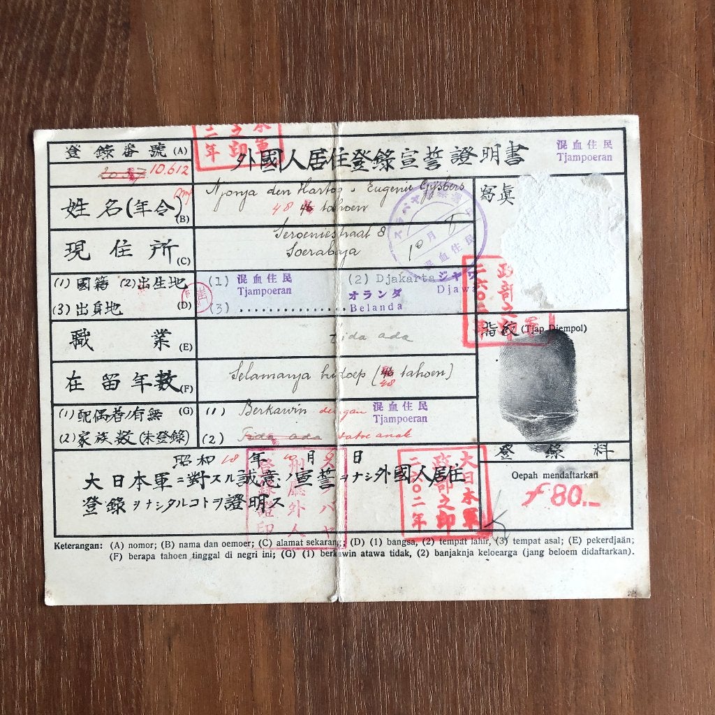 Indië. Japanse bezetting. Persoonskaart (zonder pasfoto) van, Verzamelen, Militaria | Tweede Wereldoorlog, Verzenden, Nederland