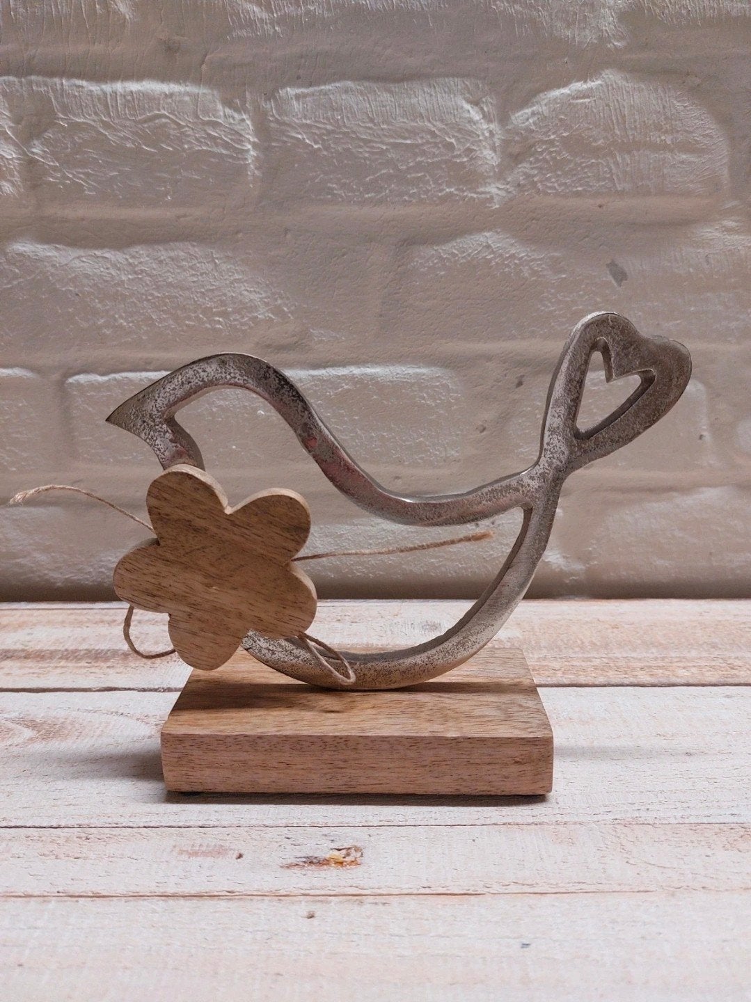 Decoratieve vogel van metaal en hout op voet, Verzenden, Metaal, Zilver, Landelijk