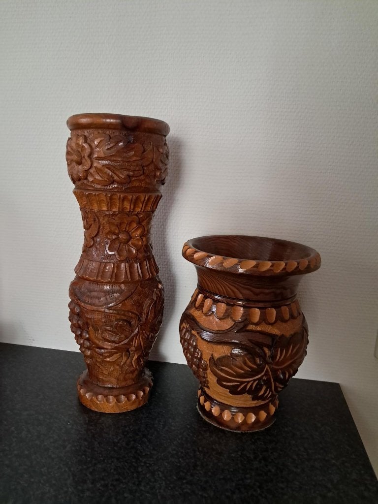 2x Houten vazen Vaas met Druivenmotief Handgesneden, Ophalen of Verzenden