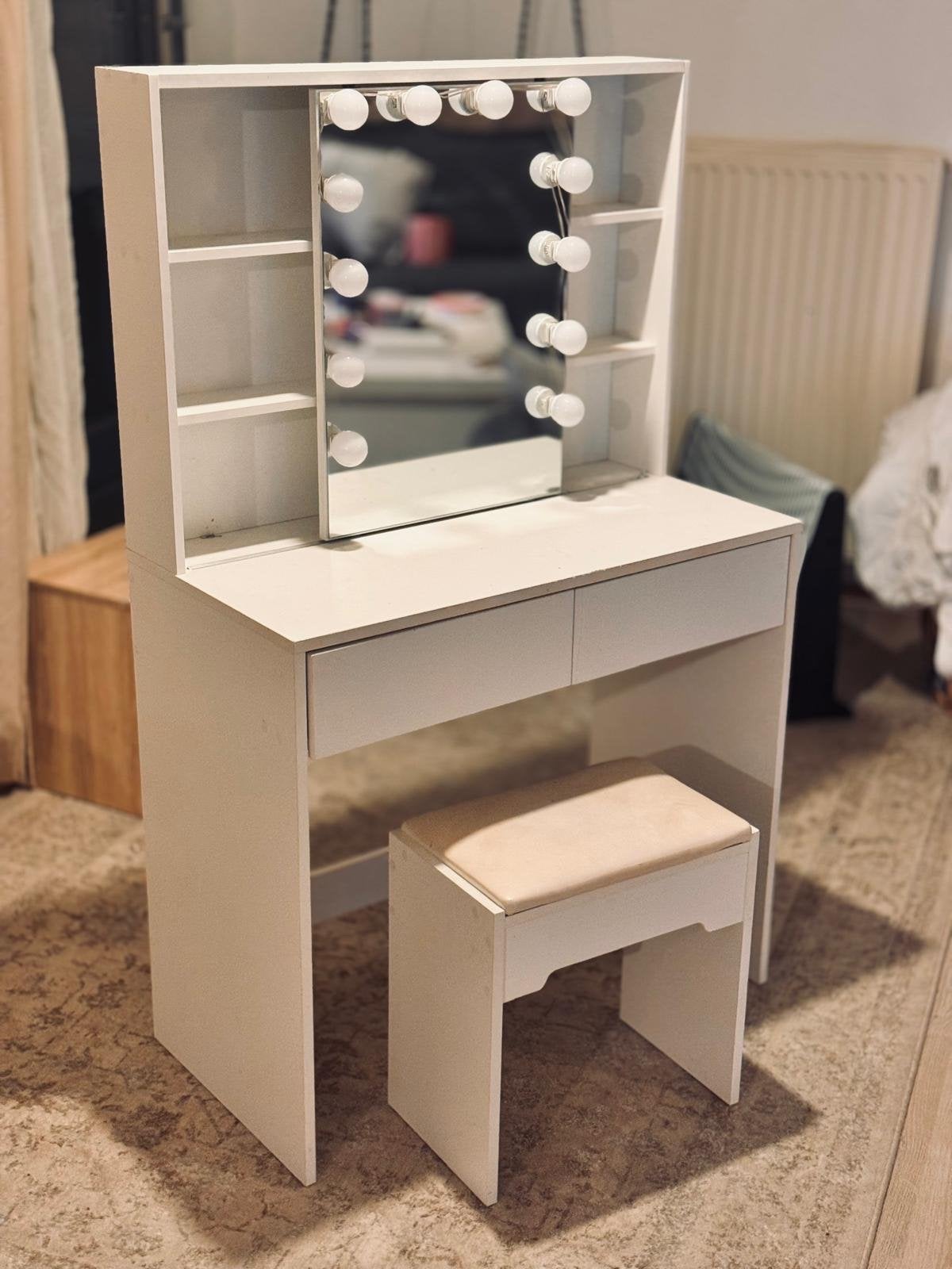 Witte kaptafel met spiegel, verlichting en stoel, Ophalen, Zo goed als nieuw, 50 tot 100 cm, Minder dan 100 cm