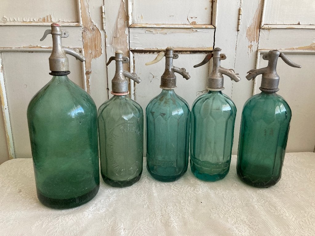 4x Brocante glazen spuitflessen - sifon - spuitwaterfles, Ophalen of Verzenden