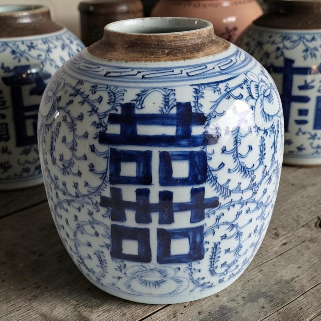 Chinese blauw-witte gemberpot met Double Happiness en lotus, Antiek en Kunst, Ophalen of Verzenden