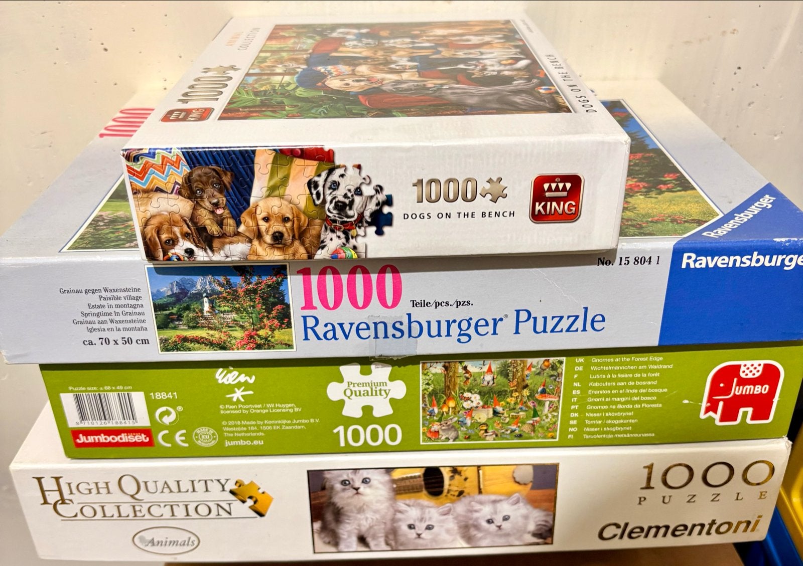 4x 1000 stukjes puzzels: Ravensburger, Jumbo, Clementoni, Ki, Ophalen of Verzenden, 500 t/m 1500 stukjes, Gebruikt, Legpuzzel