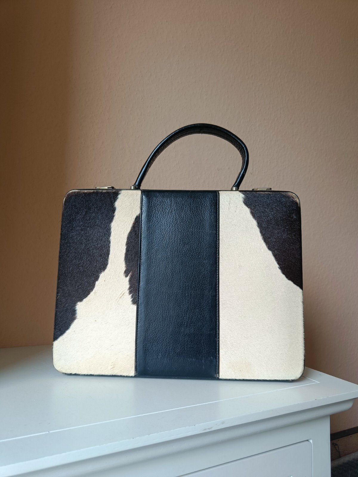 Vintage beautycase koffer koeienleer leer, Ophalen of Verzenden, Gebruikt, Zwart