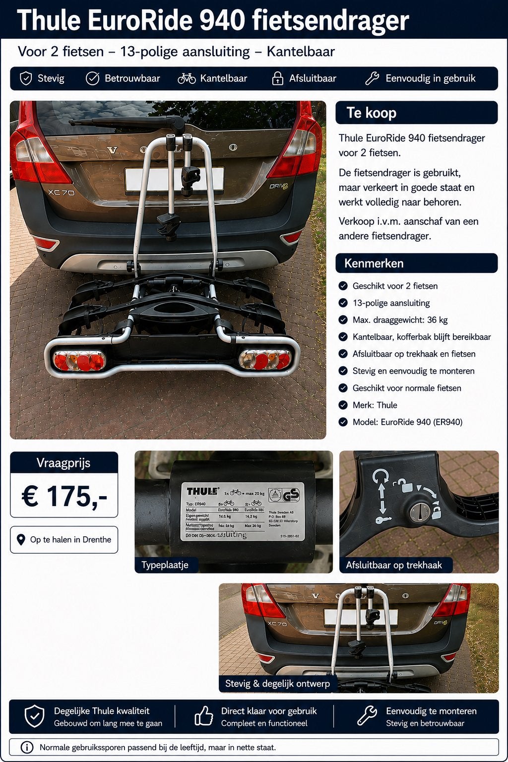 Thule EuroRide 940 fietsendrager voor 2 fietsen, Ophalen, 2 fietsen, Gebruikt, Trekhaakdrager