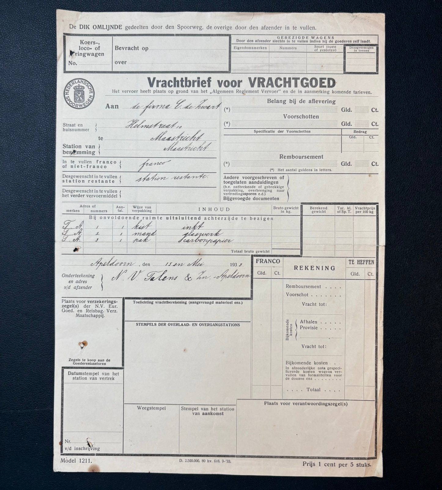 Vrachtbrief inkt van Apeldoorn naar Maastricht (1933), Ophalen of Verzenden, Gebruikt, Trein