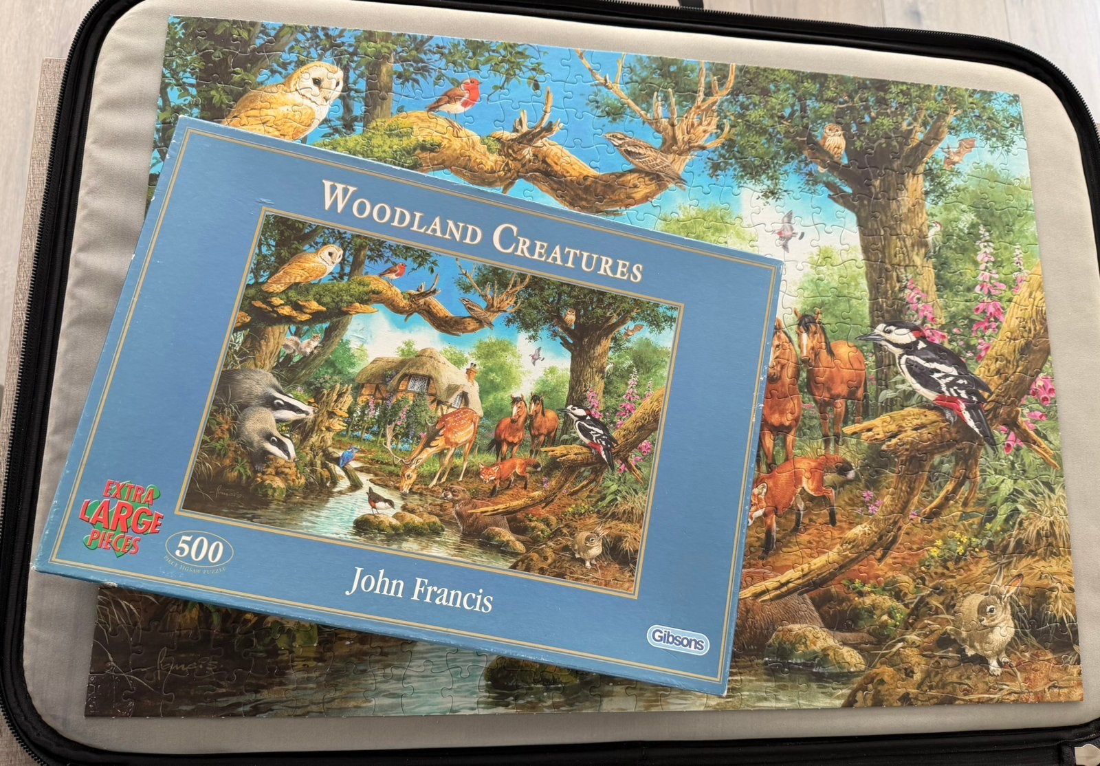 Gibsons Puzzel Woodland creatures 500 extra grote stukjes XL, Ophalen of Verzenden, 500 t/m 1500 stukjes, Gebruikt, Legpuzzel