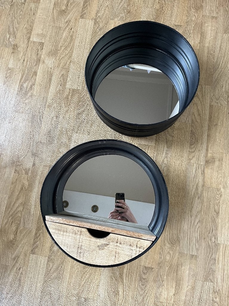 Set van 2 ronde spiegels met lade en plankje, Ophalen, Minder dan 50 cm, Gebruikt, Rond