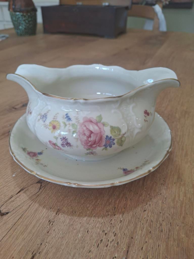 Antieke Mosa Maastricht Sauskom met Schotel - Bloemen, Ophalen of Verzenden