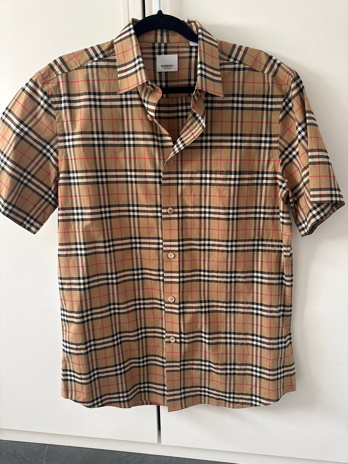 Burberry geruit overhemd met korte mouwen, Ophalen of Verzenden, Zo goed als nieuw, Beige, Halswijdte 41/42 (L)
