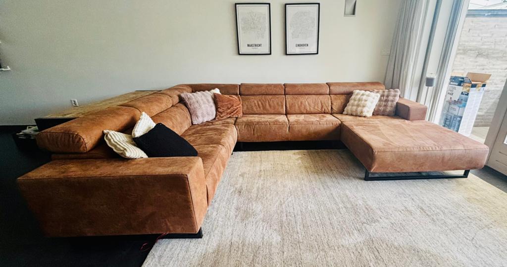 Cognac kleurige U-vormige bank microleder, Ophalen, Zo goed als nieuw