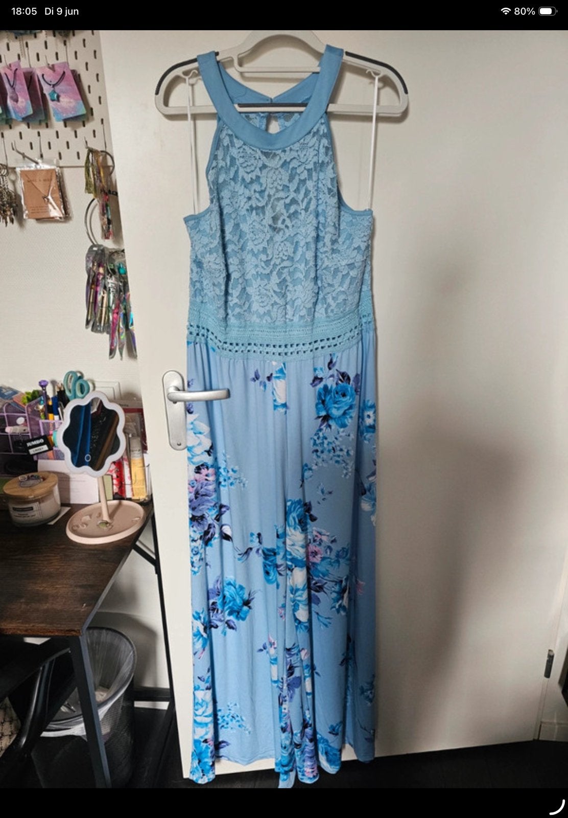 Blauwe Jumpsuit Maat 44 met Kant en Bloemenprint, Kleding | Dames, Jumpsuits, Ophalen of Verzenden, Zo goed als nieuw, Maat 42/44 (L)