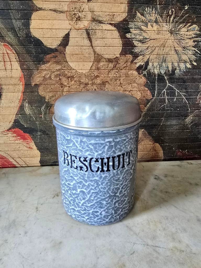 Grijs gewolkte emaille beschuitbus, Antiek en Kunst, Ophalen of Verzenden