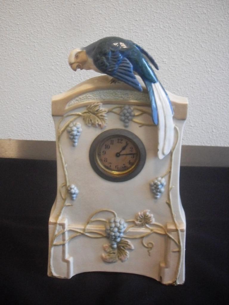 antieke keramieke schouwklok vogel, Antiek en Kunst, Antiek | Klokken, Ophalen of Verzenden