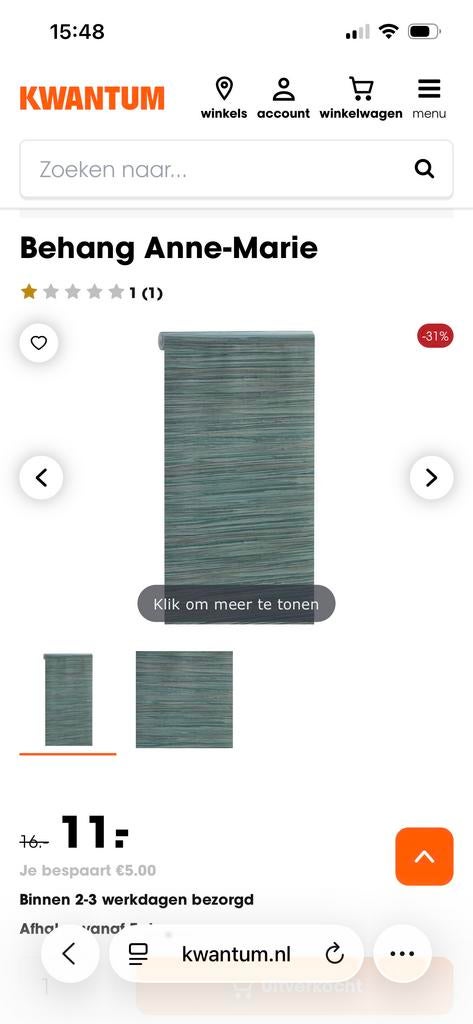 3 Rollen Kwantum Behang Anne Marie + reststuk, Huis en Inrichting, Ophalen, 10 tot 25 m², Groen
