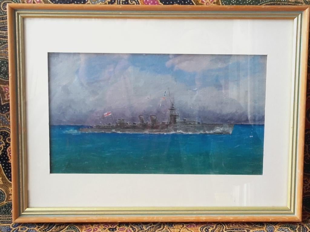 Mooi oud Engels ingelijst schilderij met een oorlogsschip., Ophalen of Verzenden