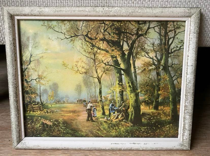 Vintage schilderijtje houthakkers bos herfst, Ophalen of Verzenden