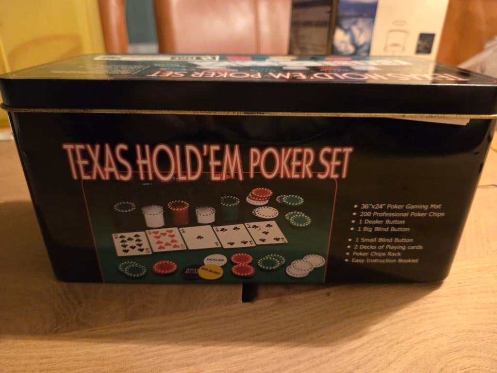 Texas Hold'em Pokerset in blik, Hobby en Vrije tijd, Gezelschapsspellen | Bordspellen, Gebruikt, Onbekend, Ophalen of Verzenden